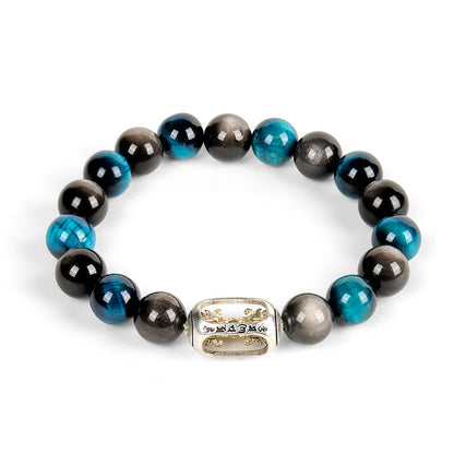 Buddhist Blessing Natural Silver Sheen Obsidian Blue Tiger Eye Om Mani Padme Hum Soothing Bracelet