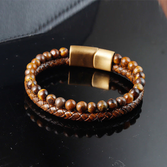Buddhist Blessing Multi-layer Woven Tiger Eye Stone Beads Leather Titanium Steel Strength Buckle Bracelet