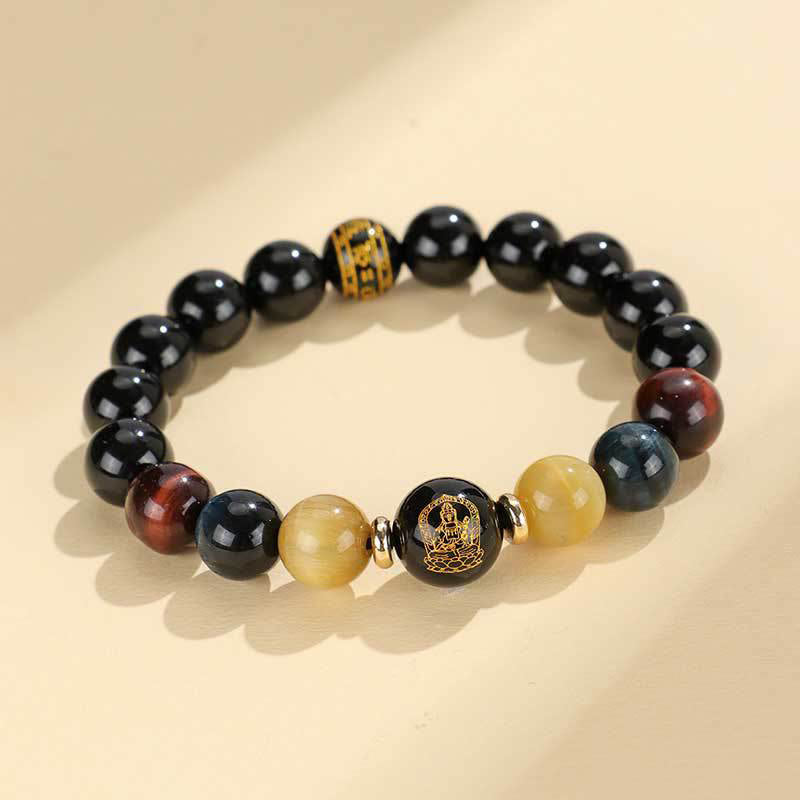 Buddhist Blessing Black Onyx Tiger Eye Om Mani Padme Hum Chinese Zodiac Natal Buddha Support Bracelet
