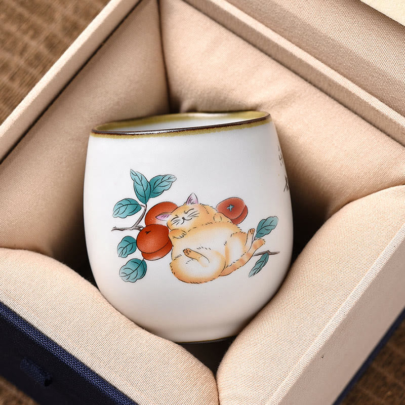 Buddhist Blessing Cute Lying Cat Branches Teacup Kung Fu Tea Cup With Gift Box