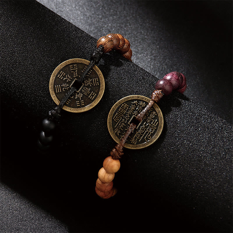 Buddhist Blessing Ebony Wood Wenge Wood Mountain Ghosts Spend Money Bagua Copper Coin Peace Bracelet