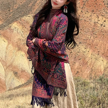 Buddhist Blessing Tibetan Cashew Flowers Vine Pattern Tassels Shawl Fall Winter Soft Scarf Wrap