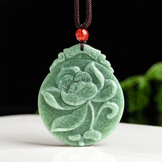 Buddhist Blessing Round Lotus Pattern Jade Abundance Prosperity Necklace Rope Pendant