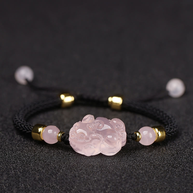 Buddhist Blessing PiXiu Pink Crystal Wealth String Braided Bracelet