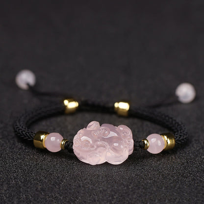 Buddhist Blessing PiXiu Pink Crystal Wealth String Braided Bracelet