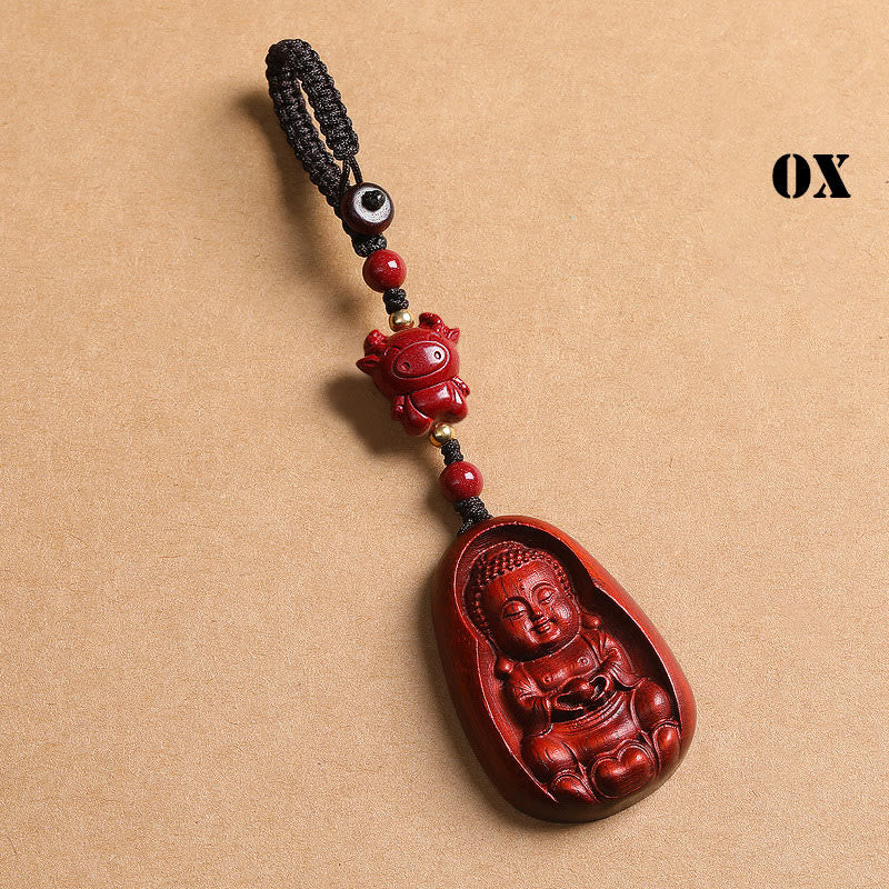 Buddhist Blessing Small Leaf Red Sandalwood Buddha Cinnabar Chinese Zodiac Amulet Protection Key Chain