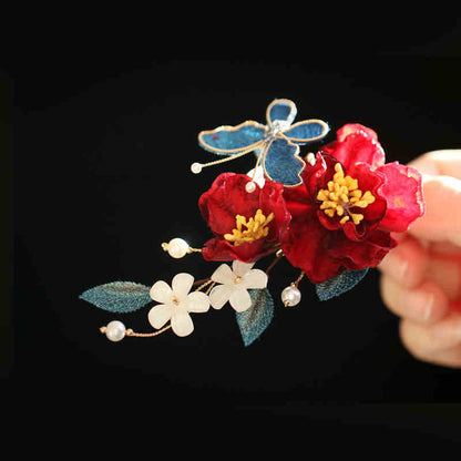 Buddhist Blessing Chinese Style Red Camellia Butterfly Hair Clip Hair Comb Hairpin Barrette Accessory