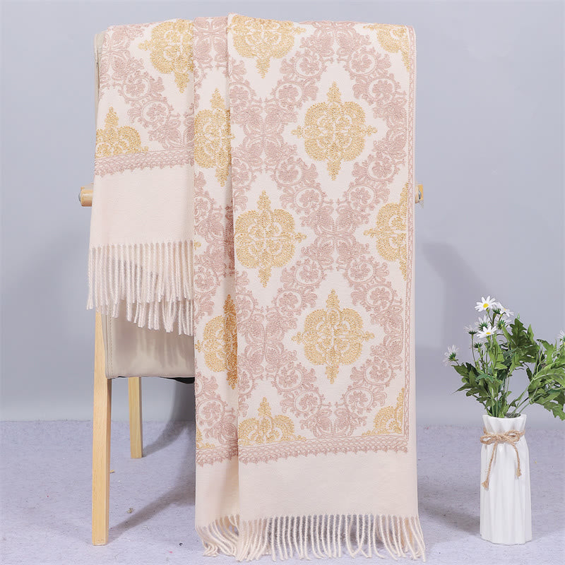 Buddhist Blessing Polyester Shawl Symmetry Gold Filigree Embroidery Tassel Winter Cozy Travel Scarf Wrap