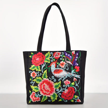 Buddhist Blessing Galsang Magpie Peony Camellia Chrysanthemum Embroidery Canvas Shopping Purse Handbag Shoulder Bag
