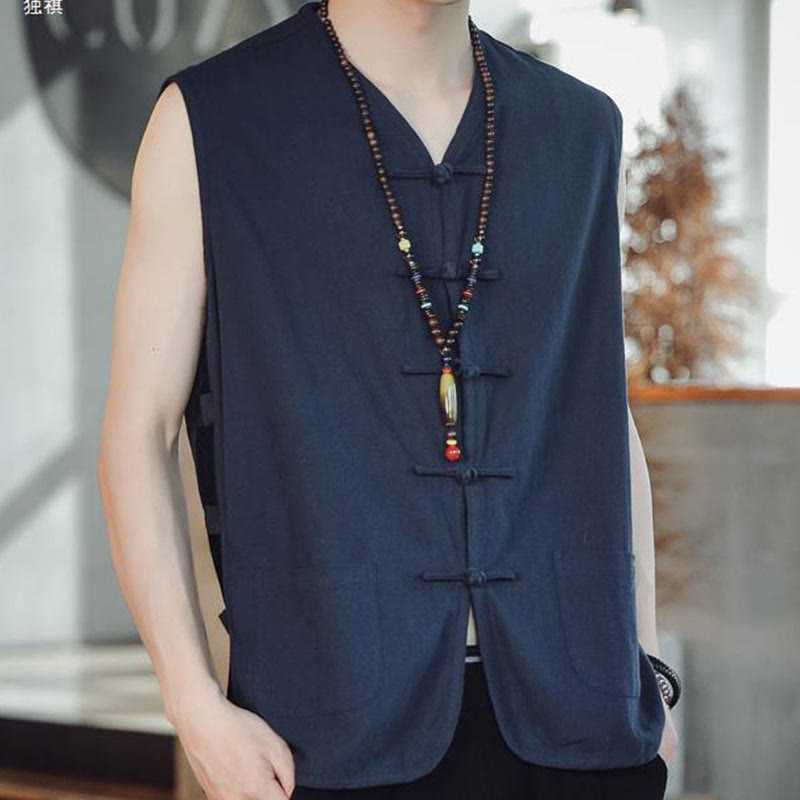 Buddhist Blessing Casual Chinese Frog-Button Men's Cotton Vest Waistcoat With Pockets