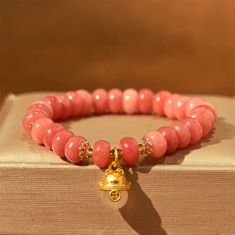 Buddhist Blessing Strawberry Quartz Cyan Jade Lucky Cat Beads Healing Bracelet