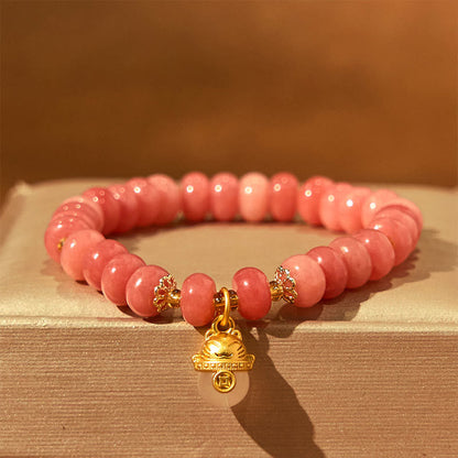 Buddhist Blessing Strawberry Quartz Cyan Jade Lucky Cat Beads Healing Bracelet
