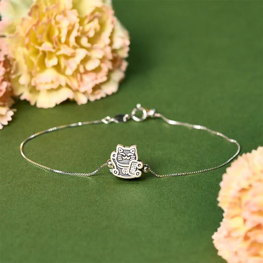 Buddhist Blessing 999 Sterling Silver Fortune Cat 925 Sterling Silver Chain Protection Bracelet