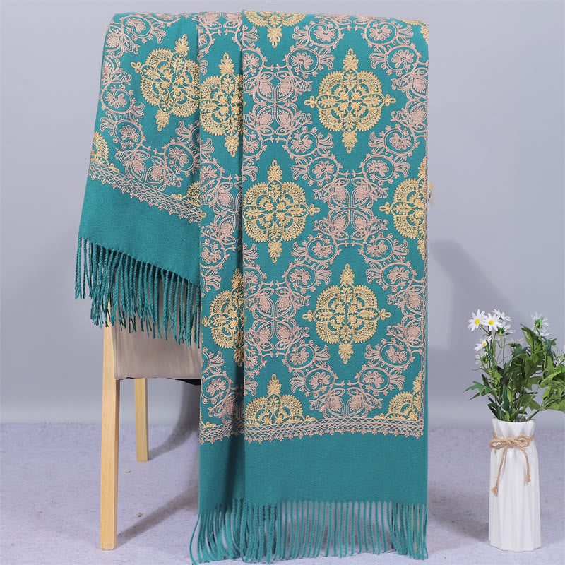 Buddhist Blessing Polyester Shawl Symmetry Gold Filigree Embroidery Tassel Winter Cozy Travel Scarf Wrap