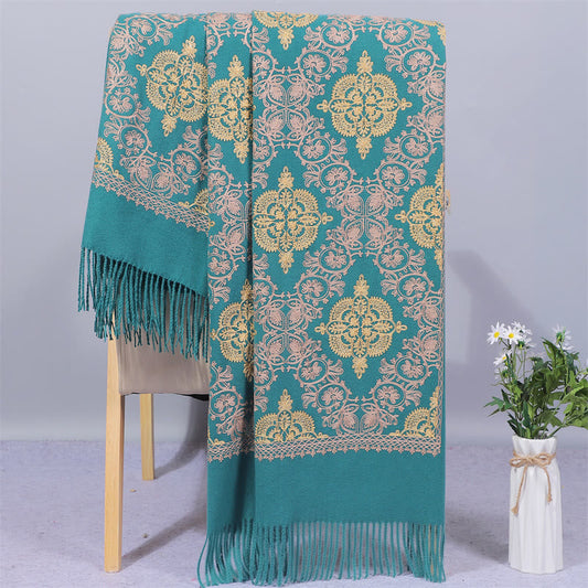 Buddhist Blessing Polyester Shawl Symmetry Gold Filigree Embroidery Tassel Winter Cozy Travel Scarf Wrap