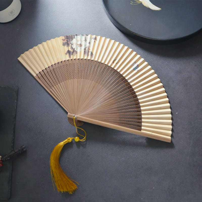 Buddhist Blessing Lotus Dragonfly Peony Butterfly Handheld Paper Bamboo Folding Fan 22.5cm