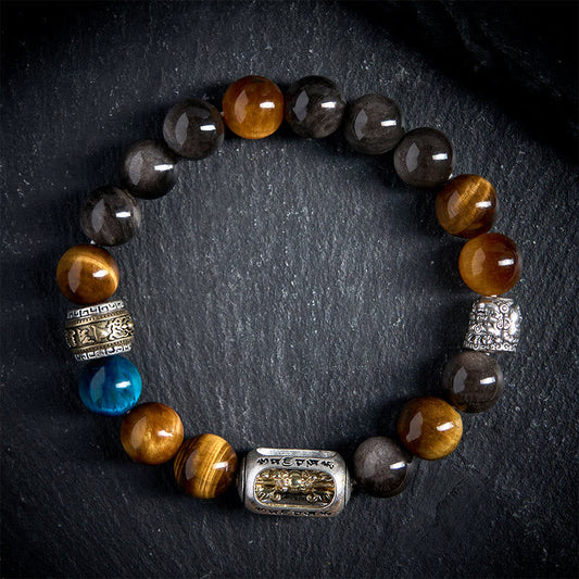 Buddhist Blessing Silver Sheen Obsidian Tiger Eye Om Mani Padme Hum Three-Faced Buddha Positive Bracelet