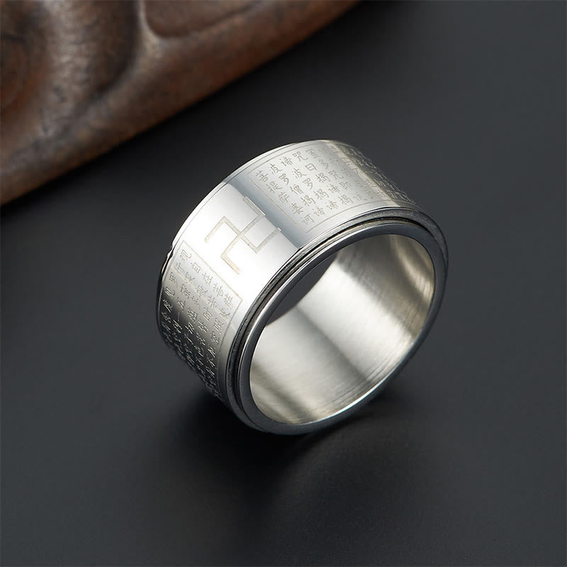 Buddhist Blessing Heart Sutra Swastika Titanium Steel Luck Rotatable Ring