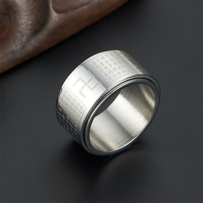 Buddhist Blessing Heart Sutra Swastika Titanium Steel Luck Rotatable Ring