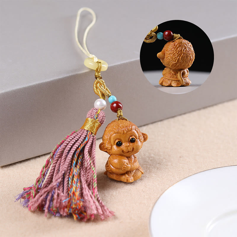 Buddhist Blessing Sandalwood 12 Chinese Zodiac Blessing Colorful Tassel Accessories Keychain