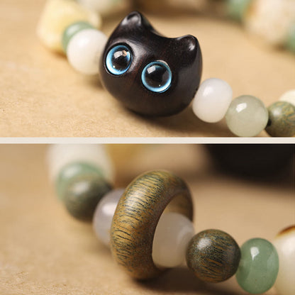 Buddhist Blessing Bodhi Seed Green Sandalwood Ebony Wood Small Leaf Red Sandalwood Cat Head Paw Claw Peace Bracelet