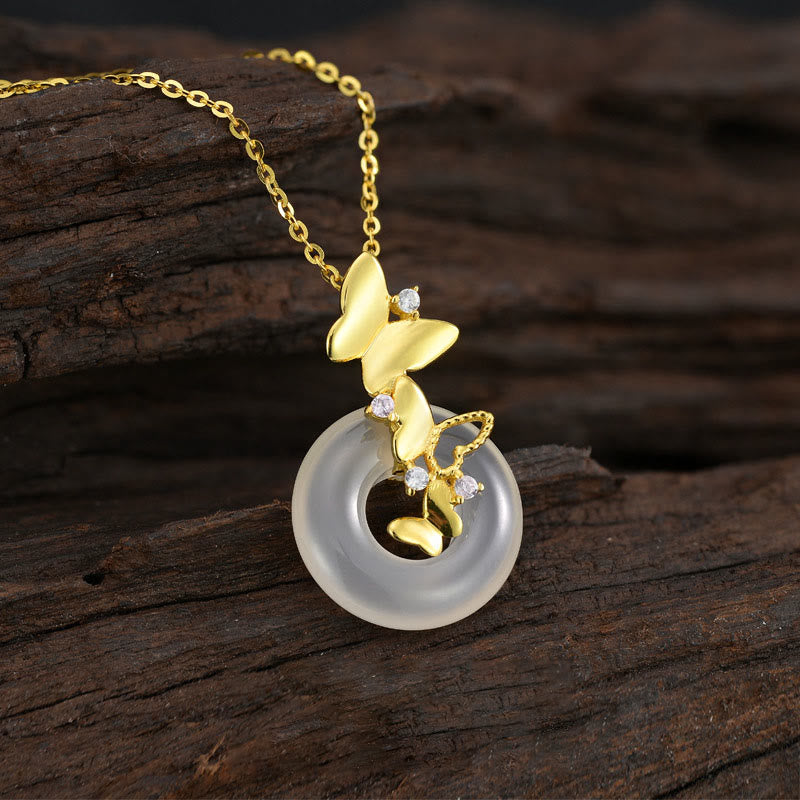 Buddhist Blessing 925 Sterling Silver Butterfly Chalcedony Peace Buckle Blessing Luck Necklace Pendant