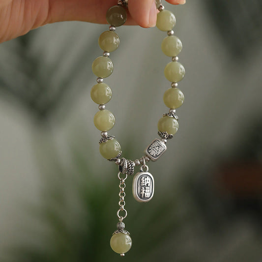 Buddhist Blessing 925 Sterling Silver Hetian Jade Beads Luck Bracelet