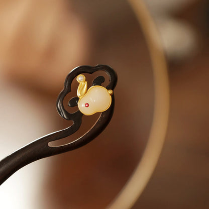 Buddhist Blessing Auspicious Cloud Sandalwood Rabbit Protection Hairpin