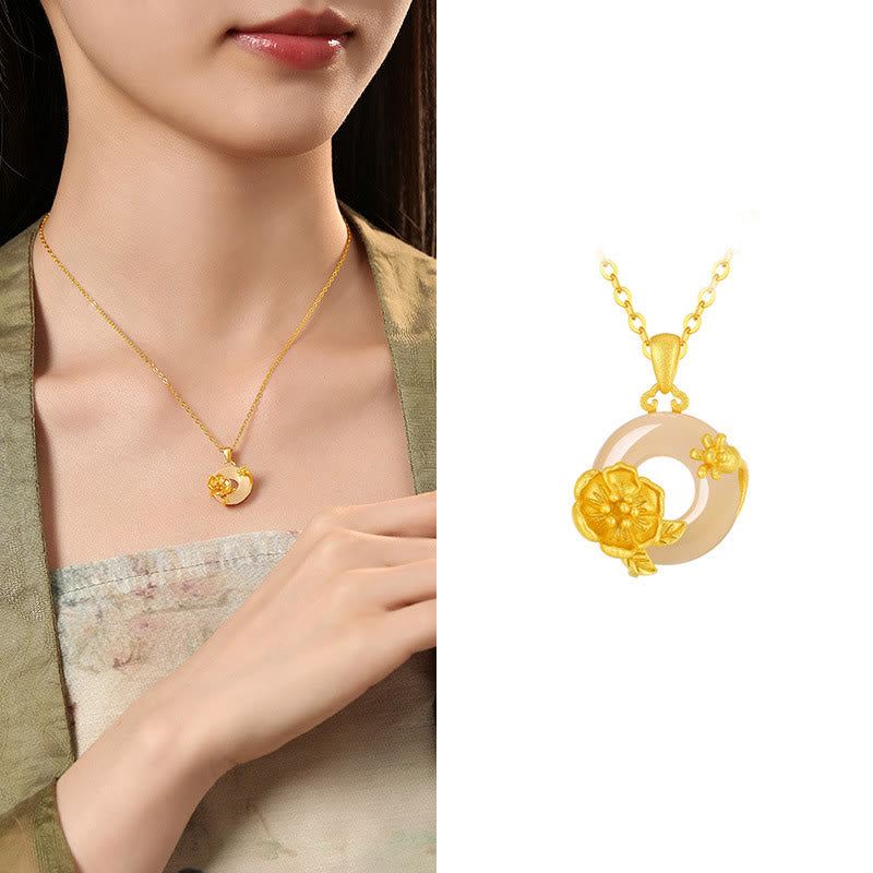 Buddhist Blessing Chalcedony 925 Sterling Silver Peace Buckle Flowers Necklace Pendant