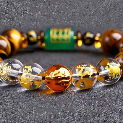 Buddhist Blessing Chinese Zodiac Tiger Eye White Crystal Courage Bracelet