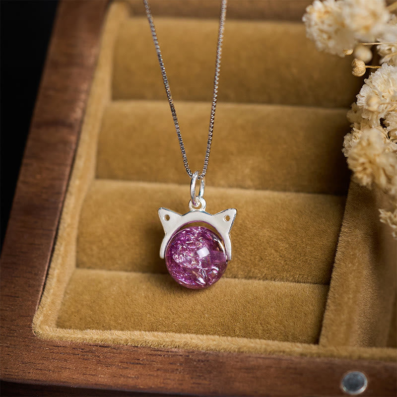 Buddhist Blessing 925 Sterling Silver Natural Light Purple Fireworks Super Seven Crystal Cat Necklace Pendant