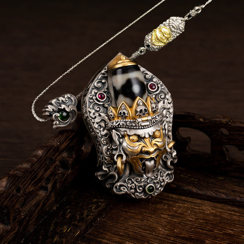 Buddhist Blessing 925 Sterling Silver Tibetan Zakiram Goddess of Wealth Dzi Bead Protection Necklace Pendant