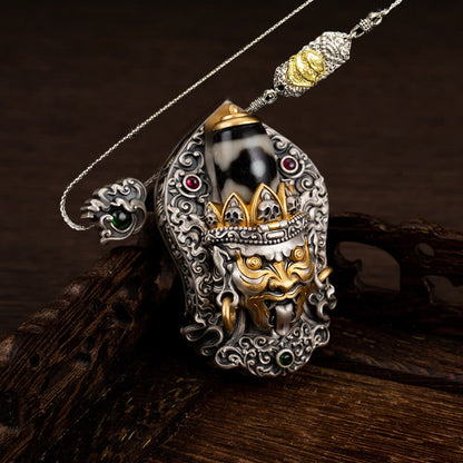 Buddhist Blessing 925 Sterling Silver Tibetan Zakiram Goddess of Wealth Dzi Bead Protection Necklace Pendant