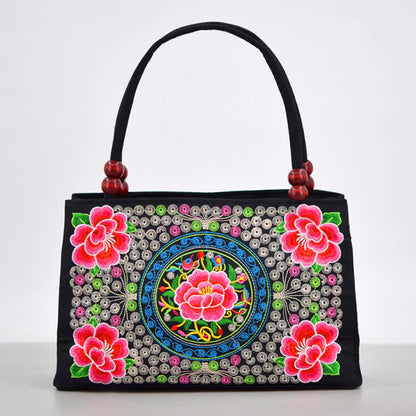 Buddhist Blessing Galsang Inula Flower Peony Peacock Double-Sided Embroidery Canvas Shopping Purse Handbag