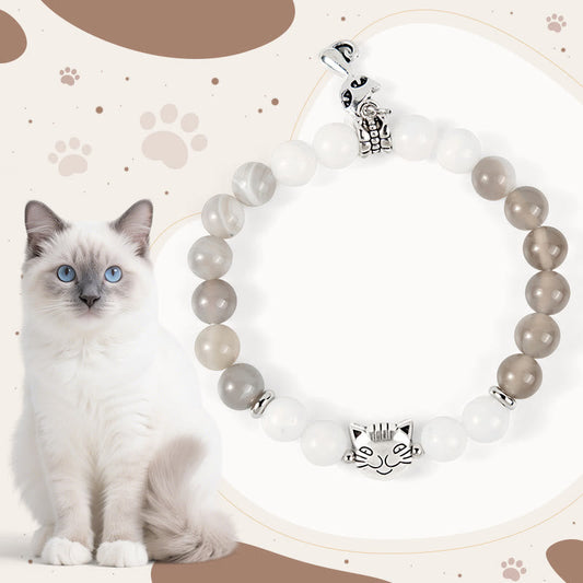 Buddhist Blessing Ragdoll Cat Gray Striped Agate Chalcedony Support Bracelet