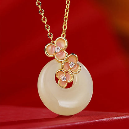 Buddhist Blessing 925 Sterling Silver Natural Hetian Jade Peach Blossom Peace Buckle Zircon Luck Bracelet Necklace Pendant