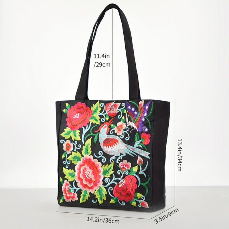 Buddhist Blessing Galsang Magpie Peony Camellia Chrysanthemum Embroidery Canvas Shopping Purse Handbag Shoulder Bag