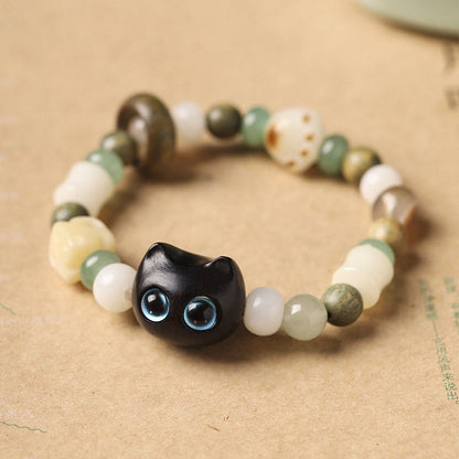 Buddhist Blessing Bodhi Seed Green Sandalwood Ebony Wood Small Leaf Red Sandalwood Cat Head Paw Claw Peace Bracelet