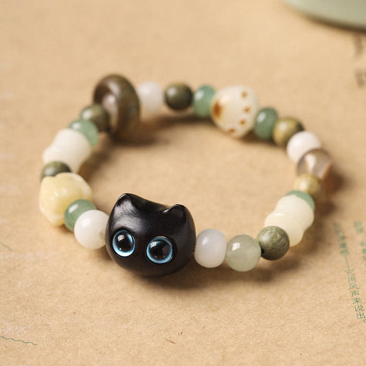 Buddhist Blessing Bodhi Seed Green Sandalwood Ebony Wood Small Leaf Red Sandalwood Cat Head Paw Claw Peace Bracelet
