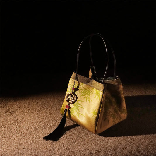 Buddhist Blessing Plum Flower Bamboo Branches Embroidery Tassel Xiangyunsha Silk Shoulder Bag Hangbags