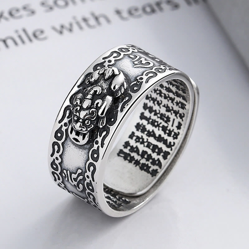 Buddhist Blessing 925 Sterling Silver PiXiu Scripture Carved Wealth Adjustable Ring