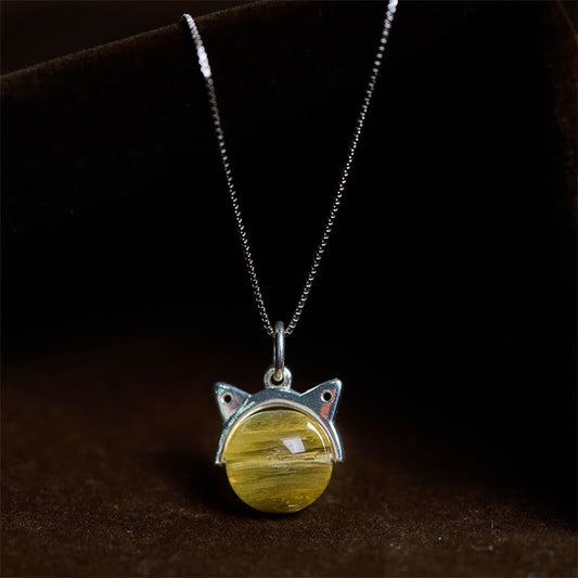 Buddhist Blessing 925 Sterling Silver Natural Golden Lepidolite Cat Prosperity Necklace Pendant