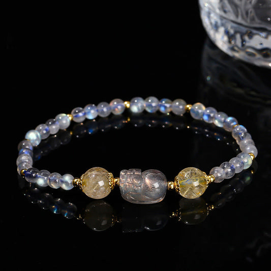 Buddhist Blessing Moonstone Strawberry Quartz Tourmaline PiXiu Healing Bracelet