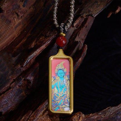 Buddhist Blessing Tibet Zakiram Yellow God of Wealth Nine Tailed Fox Hand-Painted Thangka Calm Necklace Pendant