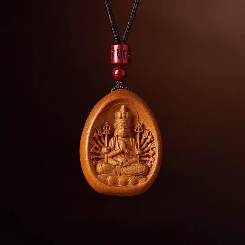 Buddhist Blessing Peach Wood Cinnabar Om Mani Padme Hum Chinese Zodiac Black String Necklace Pendants
