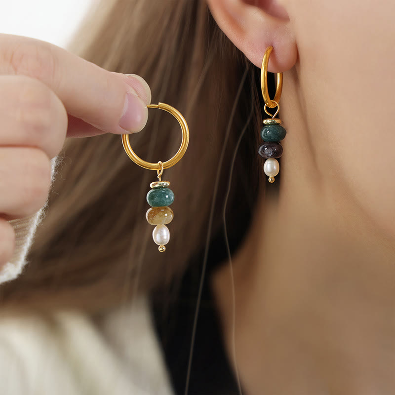 Buddhist Blessing Tibetan Marnyi Stone Design Natural Red Agate Pearl Confidence Titanium Steel Earrings