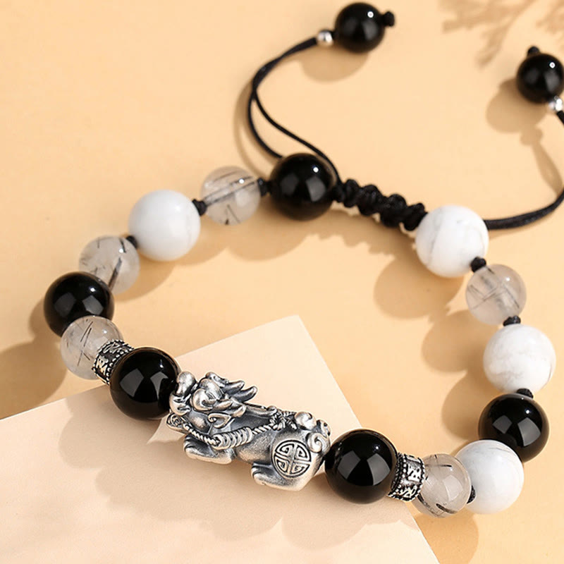 Buddhist Blessing Pi Xiu Six True Words 999 Sterling Silver Black Obsidian White Turquoise Chrysoberyl Luck Bracelet