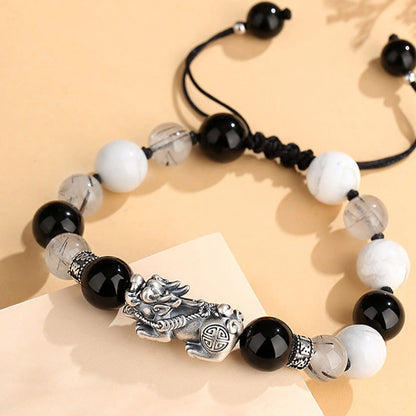 Buddhist Blessing Pi Xiu Six True Words 999 Sterling Silver Black Obsidian White Turquoise Chrysoberyl Luck Bracelet