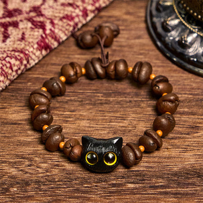 Buddhist Blessing Handmade Natural Coffee Beans Cat Head Bodhi Seed Claw Paw Peace Bracelet