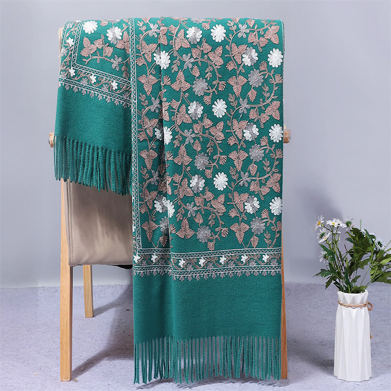 Buddhist Blessing Polyester Shawl Cashew Flowers Embroidery Tassel Winter Cozy Travel Scarf Wrap